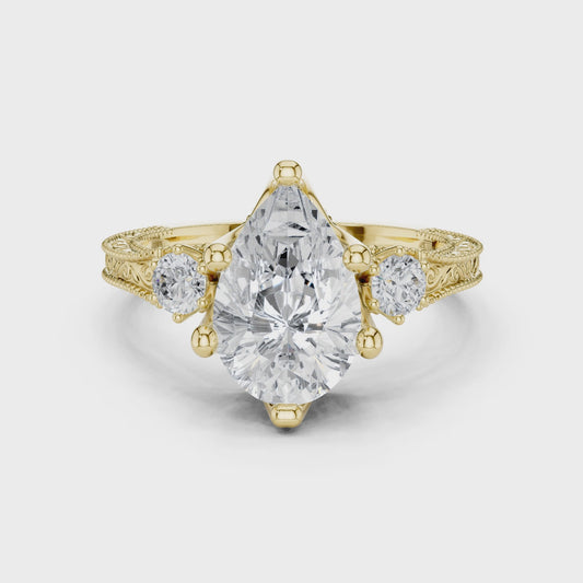 2.7 Carat Vintage Inspired Pear Cut Moissanite Ring